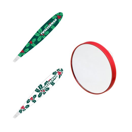 tweezerman festive holly mini tweezer and mirror feeluniqueפינצטה ומראה